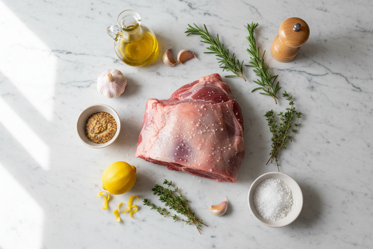 Ingrediënten voor langzaam gegaarde lamsbout